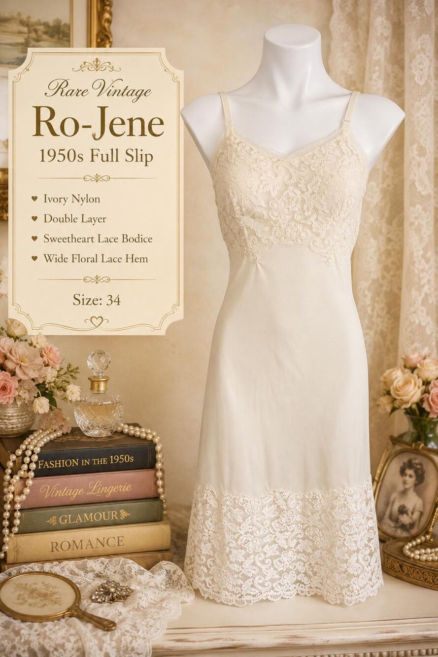 Rare Vintage 1950s Ro-Jene Ivory Nylon Full Slip Lace Bodice Wide Lace Hem Sz 34
